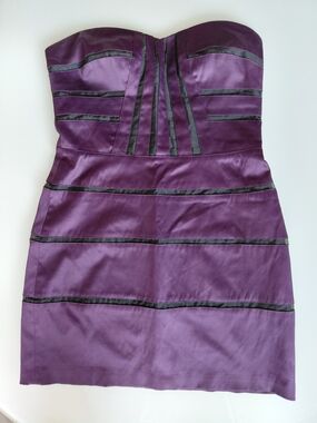 BCBGeneration Strapless Purple Satin Mini Dress with Black Trim